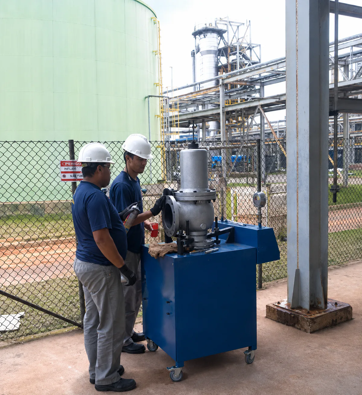 Técnicos inspecionando uma válvula de segurança em uma planta industrial