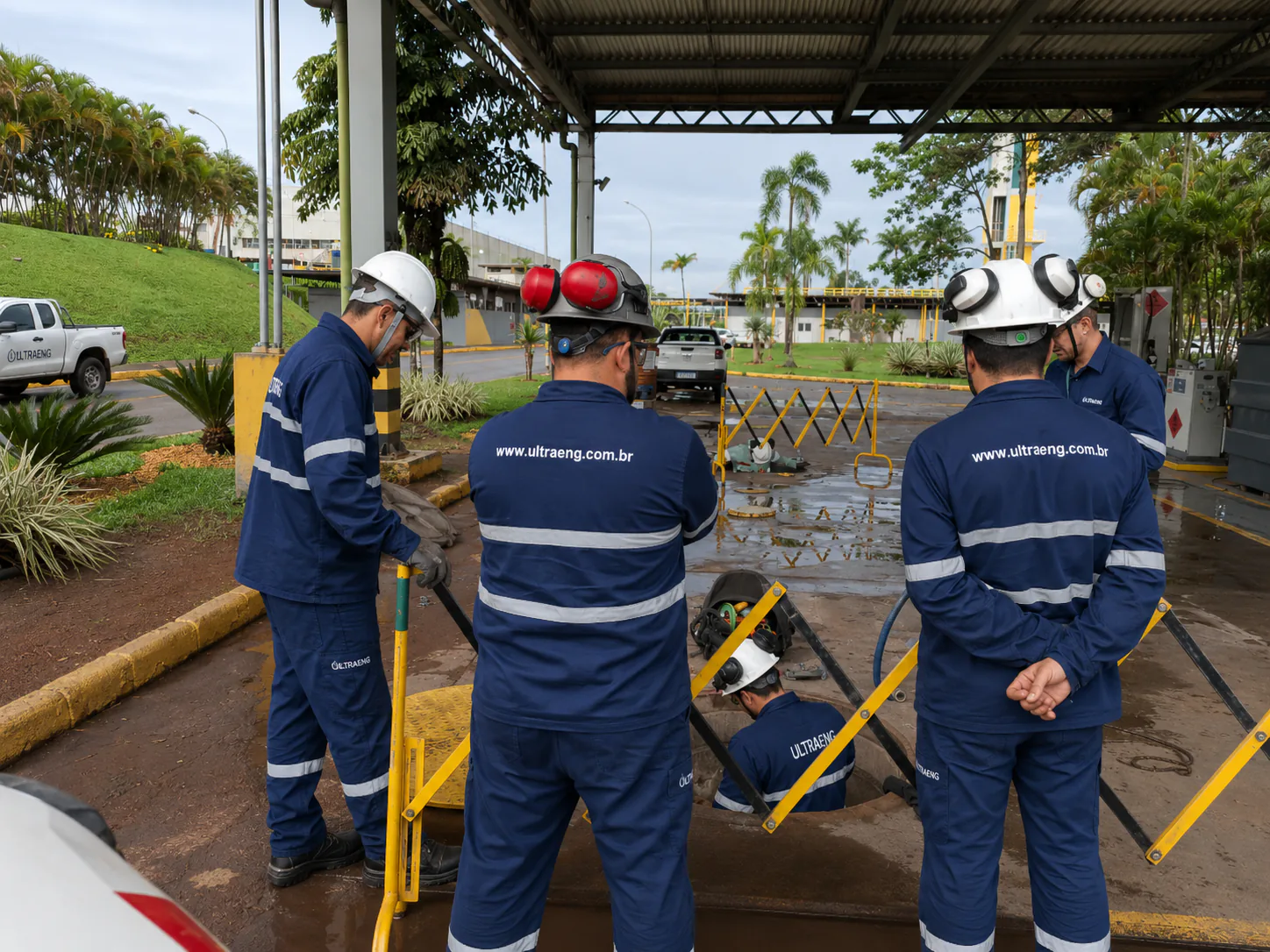 Equipe técnica reunida junto ao acesso de um equipamento industrial