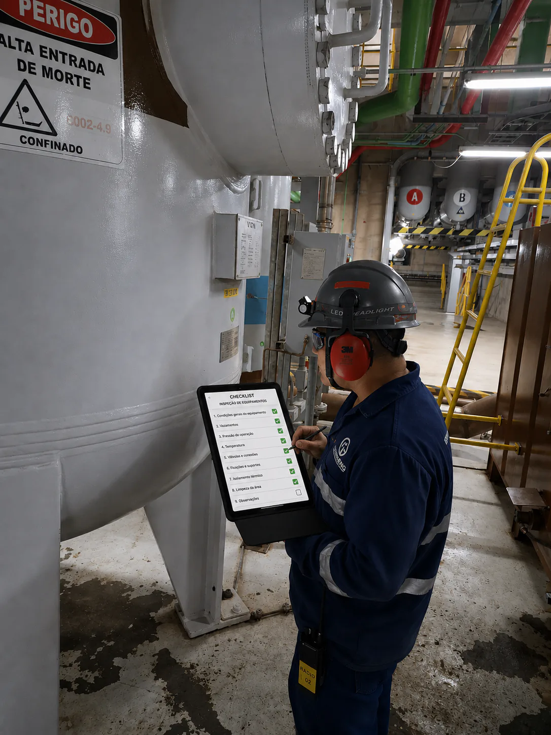 Técnico preenchendo checklist digital durante inspeção de equipamento