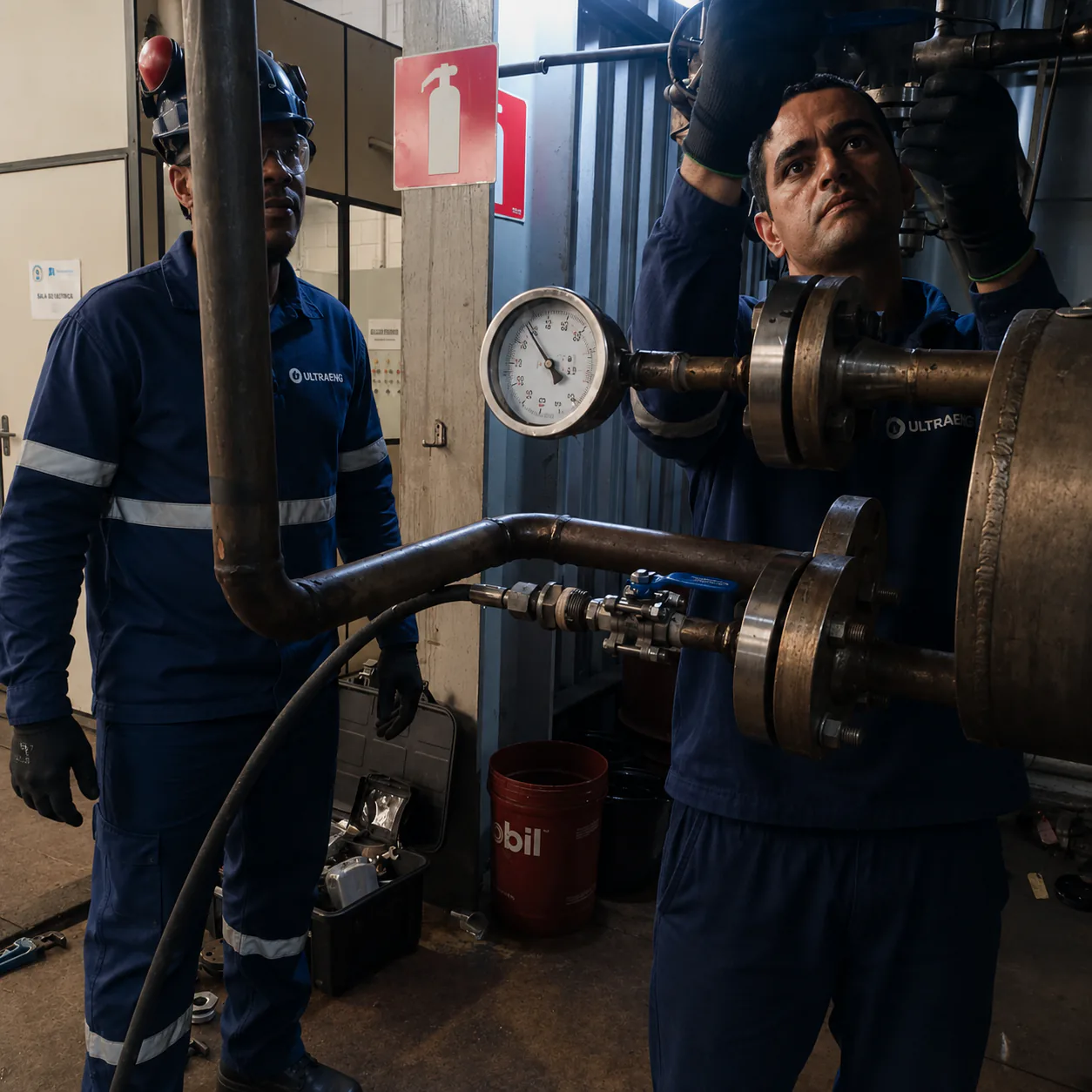 Equipe inspecionando válvula e manômetro de um sistema pressurizado